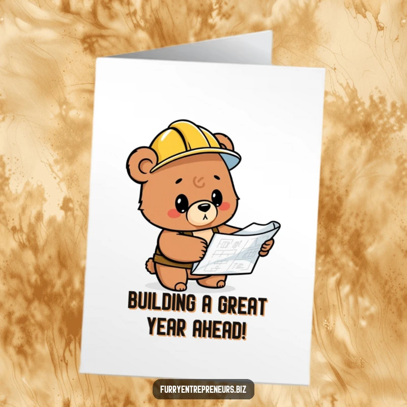 Funny Free Printable Birthday Card featuring a bear in a hard hat intently inspecting a construction blueprint.