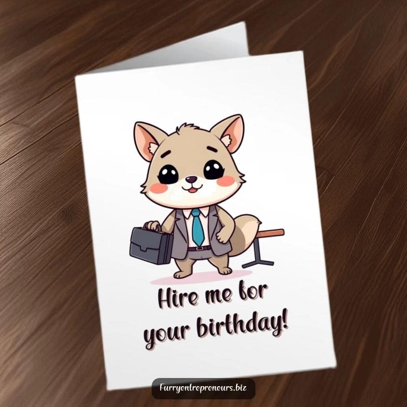Funny Free Printable Birthday Card: Smiling animal in suit leads tiny business meeting, briefcase in hand, looking very important.
