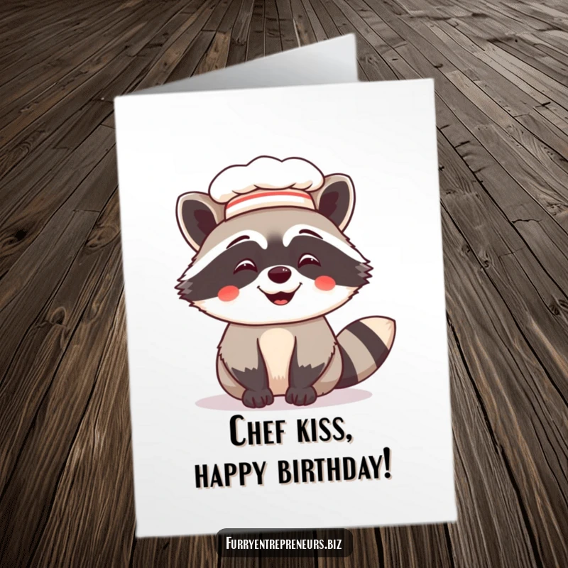 Funny free printable birthday card featuring a giggling raccoon proudly wearing a tiny chef hat, ready to whip up some birthday cheer.