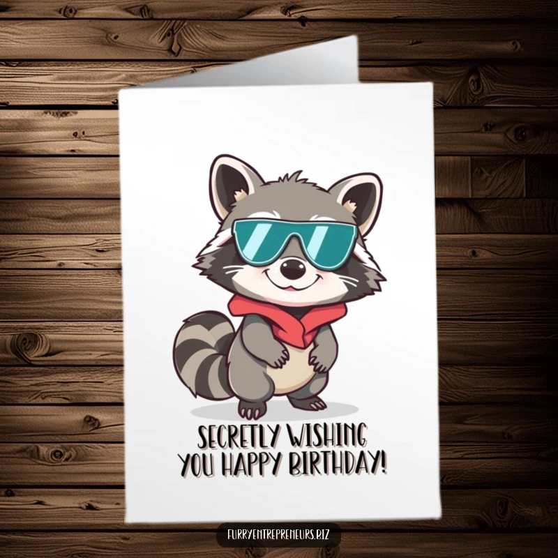 Funny Free Printable Birthday Card shows a cheeky raccoon in a spy disguise, sneaking with mischief.