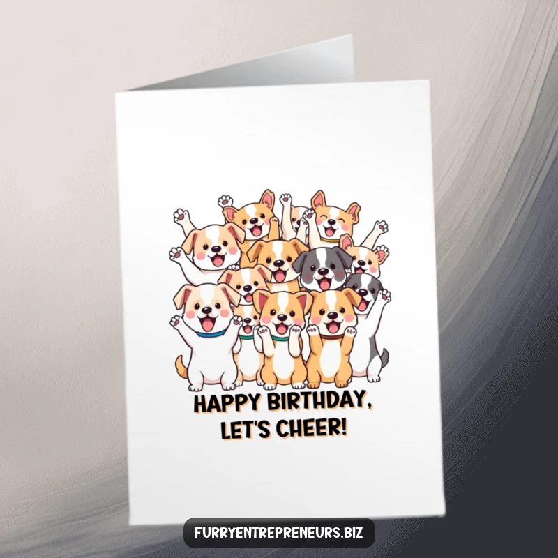 Funny Free Printable Birthday Card with a group of cute kawaii dogs cheering with their paws in the air, celebrating enthusiastically.
