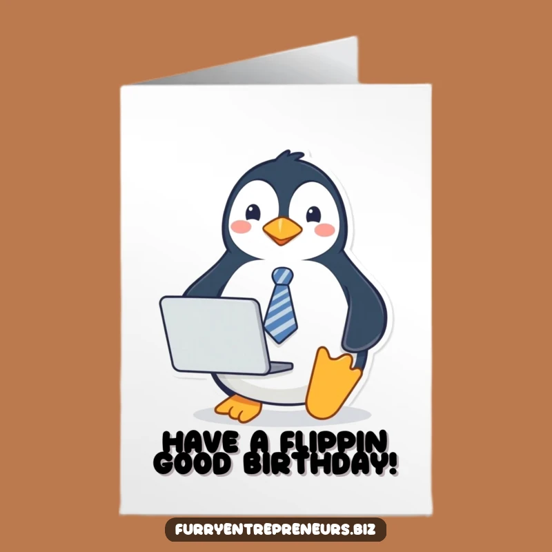 Free Printable Birthday Card: Penguin in Tie with Laptop Funny Downloadable Gift