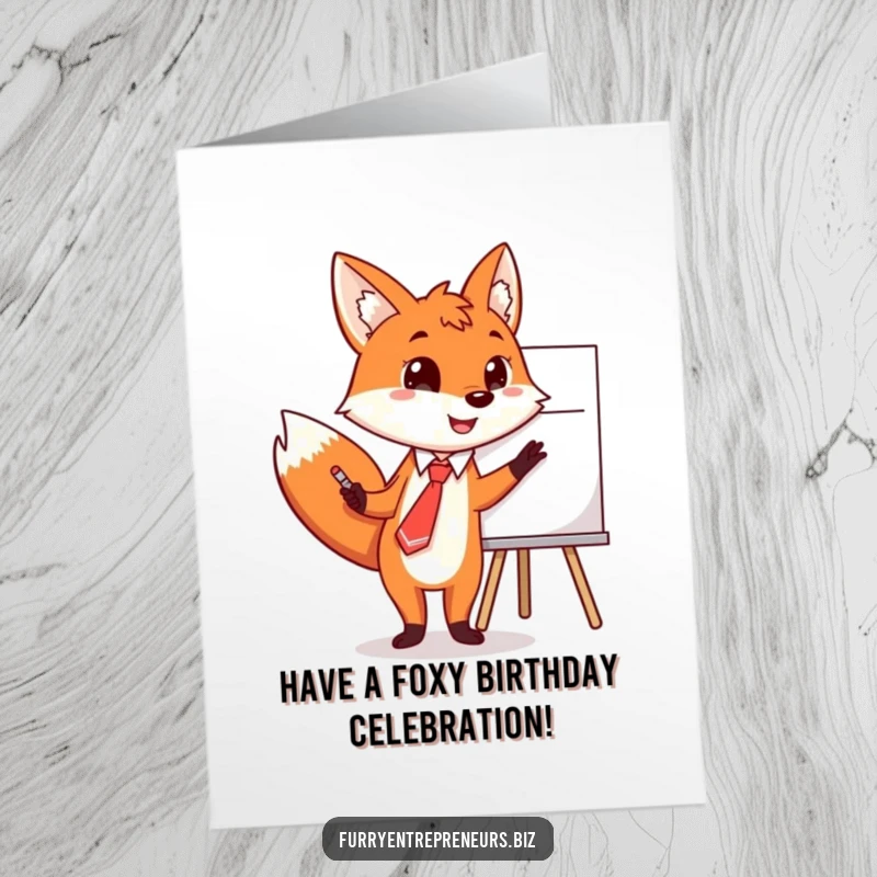 Funny Free Printable Birthday Card: Fox in a tie eagerly points at a whiteboard, explaining birthday fun.