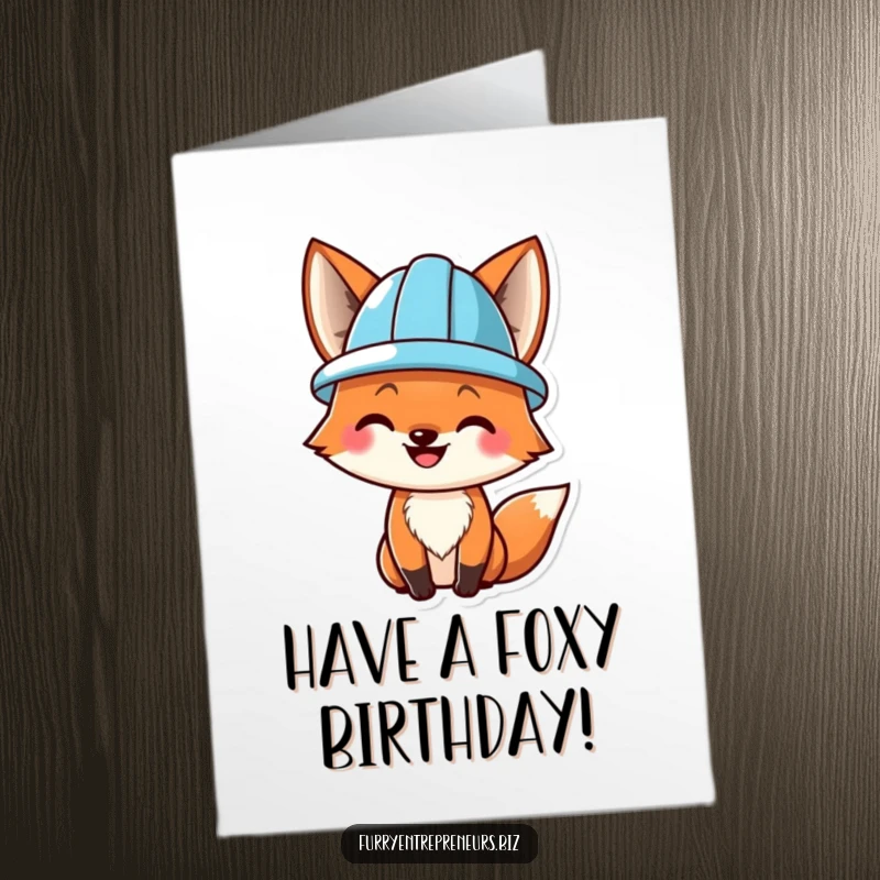 Funny free printable birthday card featuring a smiling fox in a tiny hard hat, ready for construction fun.