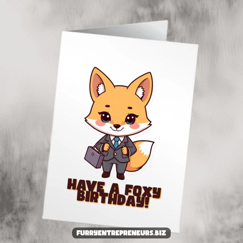 Funny Free Printable Birthday Card: A charming fox in a tiny business suit and tie, holding a briefcase, wishes happy birthday.