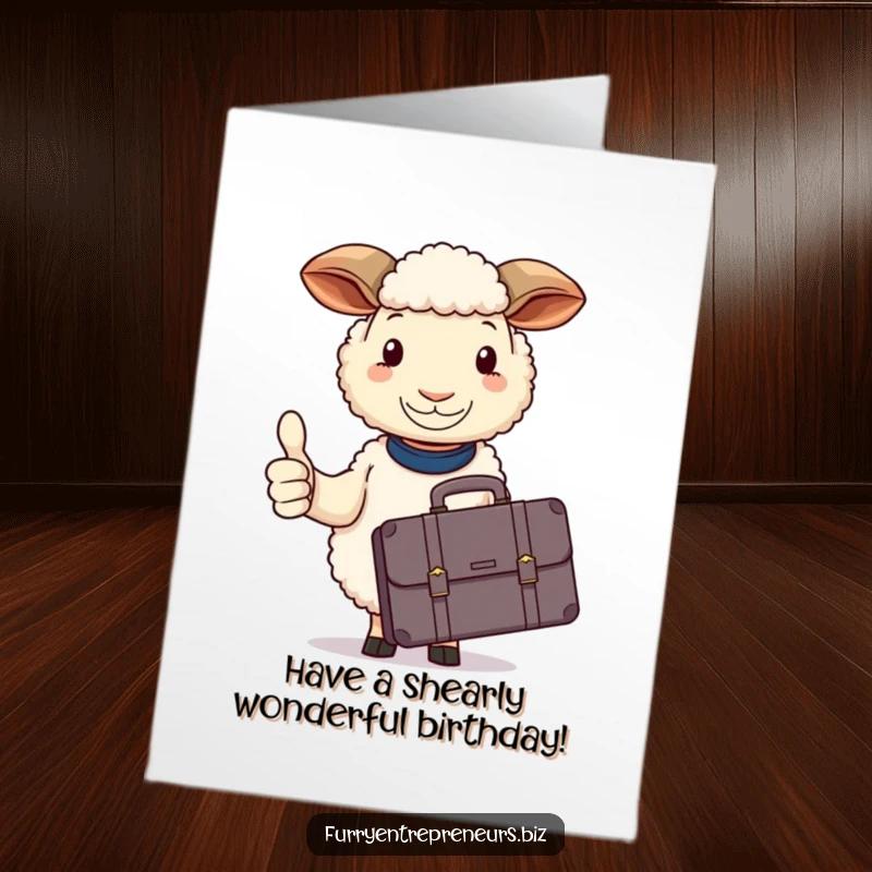 Funny Free Printable Birthday Card: Sheep with a briefcase calmly gives a thumbs up, approving your big day.