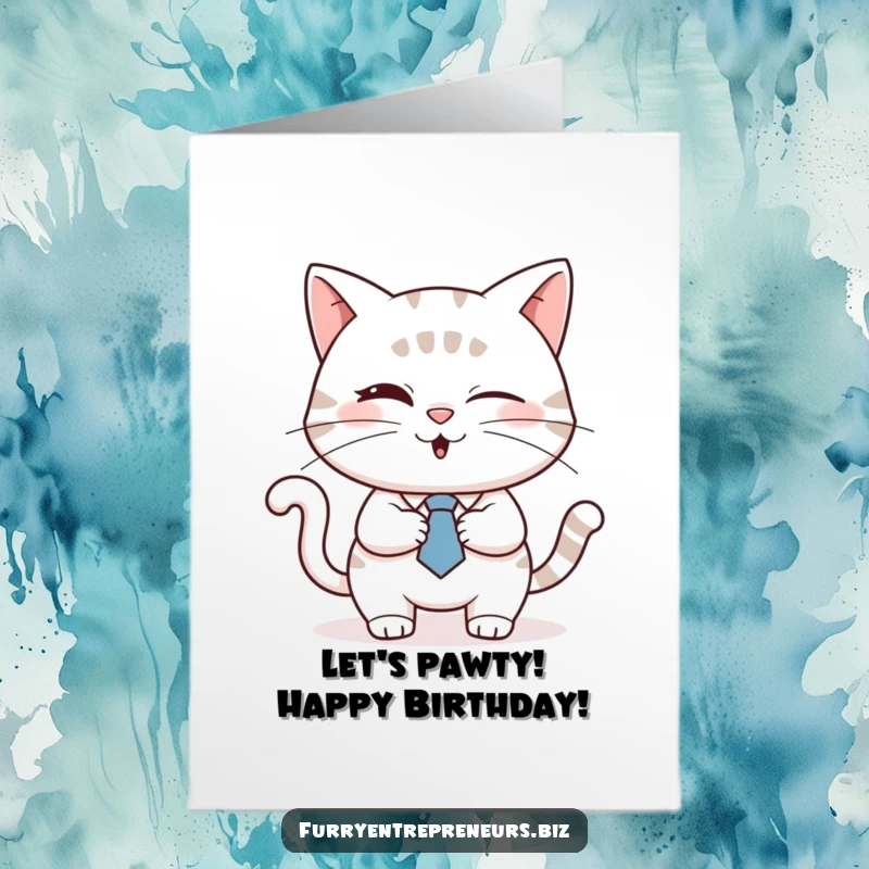 Funny Free Printable Birthday Card: A cat in a tie winks while shaking hands, sealing birthday wishes.
