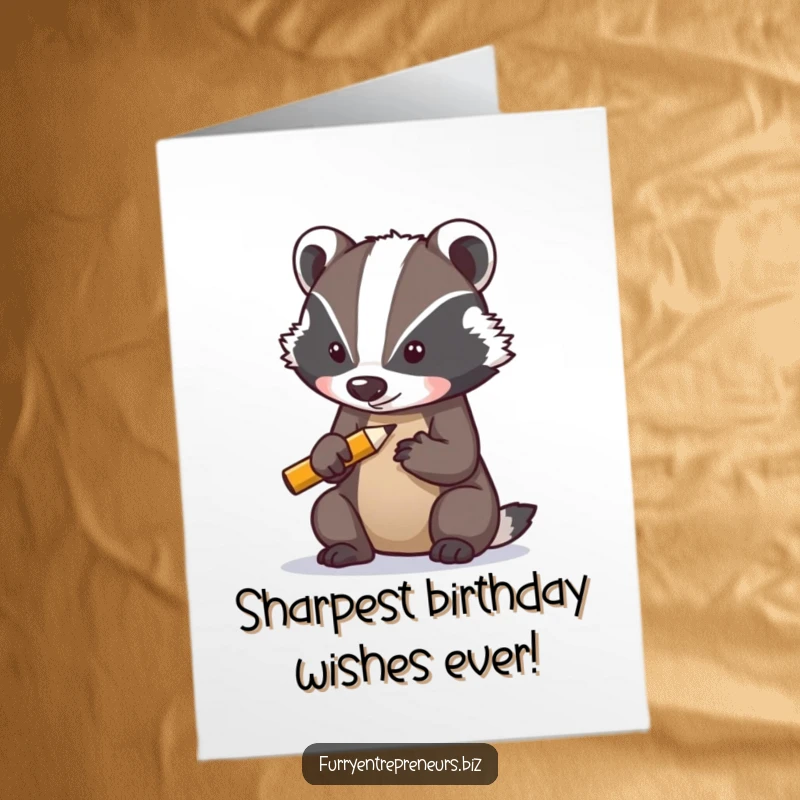 Funny Free Printable Birthday Card: Determined badger character sharpening a tiny pencil, symbolizing focus and preparation, downloadable.