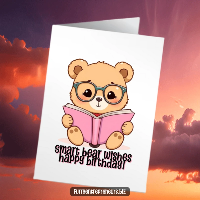 Funny free printable birthday card: A studious bear wearing tiny glasses intensely reads a huge book, perfect for a book lover.