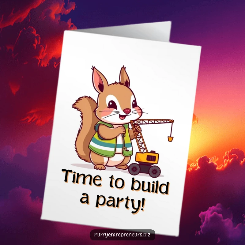 Funny Free Printable Squirrel Construction Worker Birthday Card, a determined squirrel in a vest operating a miniature crane with tools nearby.