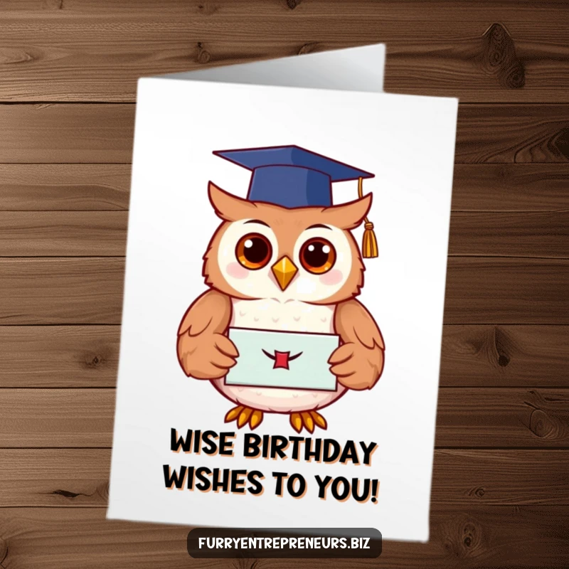 Funny free printable birthday card shows a happy owl wearing a graduation cap, holding a diploma, celebrating academic success.