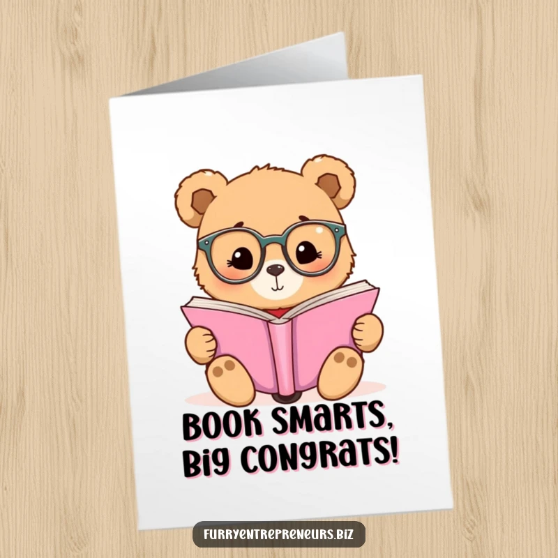 Funny free printable congratulations card: A bear with tiny glasses focused on a large book, conveying smarts and wit.