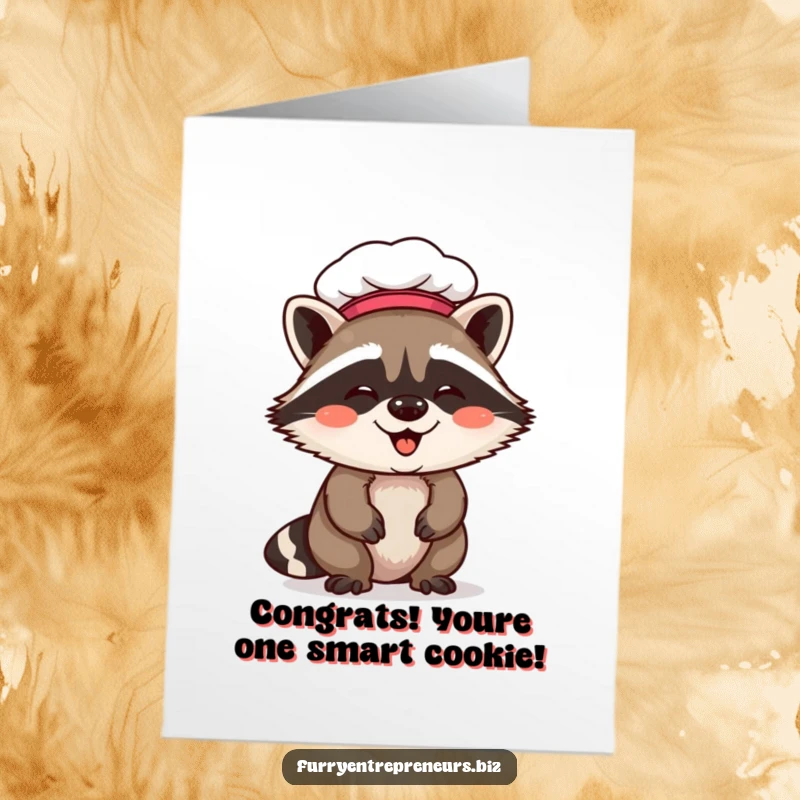 Funny Free Printable Congratulations Card: A happy raccoon in a chef hat, giggling with delight, ready to celebrate a win.
