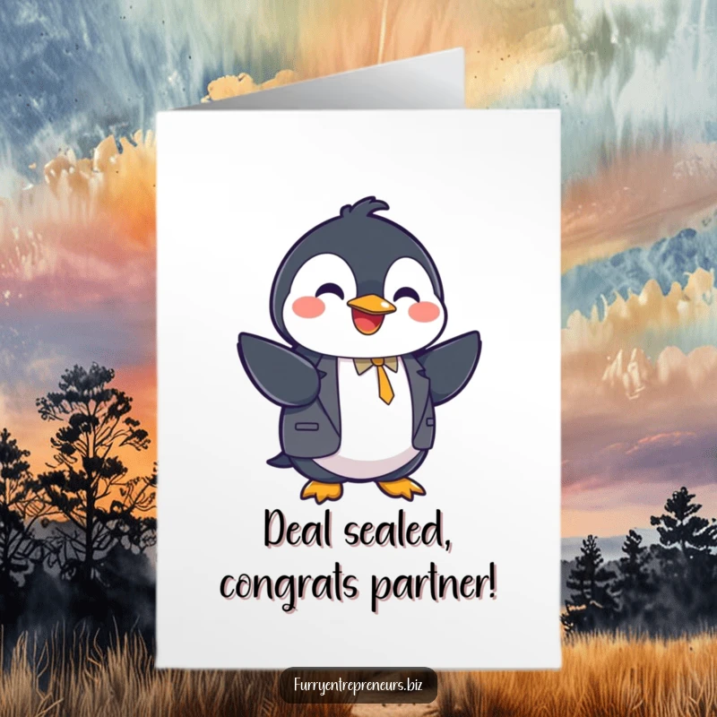 Funny Free Printable Congratulations Card features a penguin in a suit shaking hands, sealing a deal.