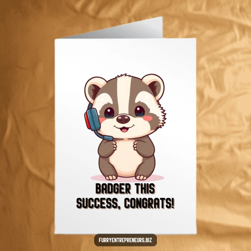Funny free printable congratulations card showing a serious badger in a headset, presenting good news with professional enthusiasm.