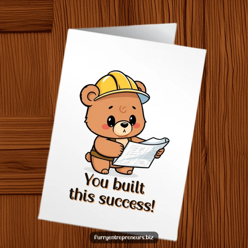 Free Printable Congratulations Card: A humorous bear wearing a hard hat studies a blueprint with a proud expression.