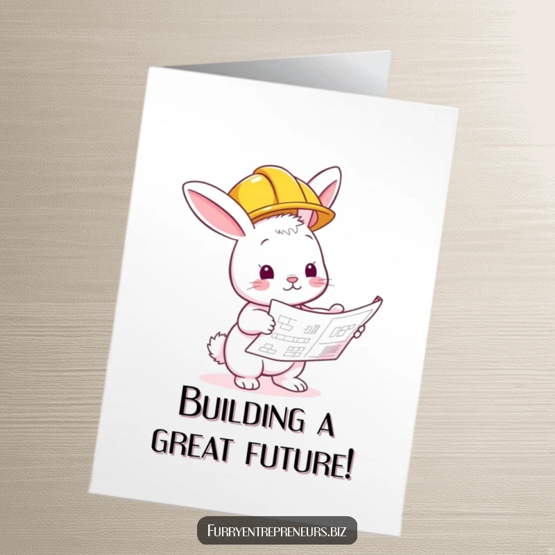 Funny Free Printable Congrats Card: A bunny in a hard hat giving a thumbs up while inspecting a building blueprint.