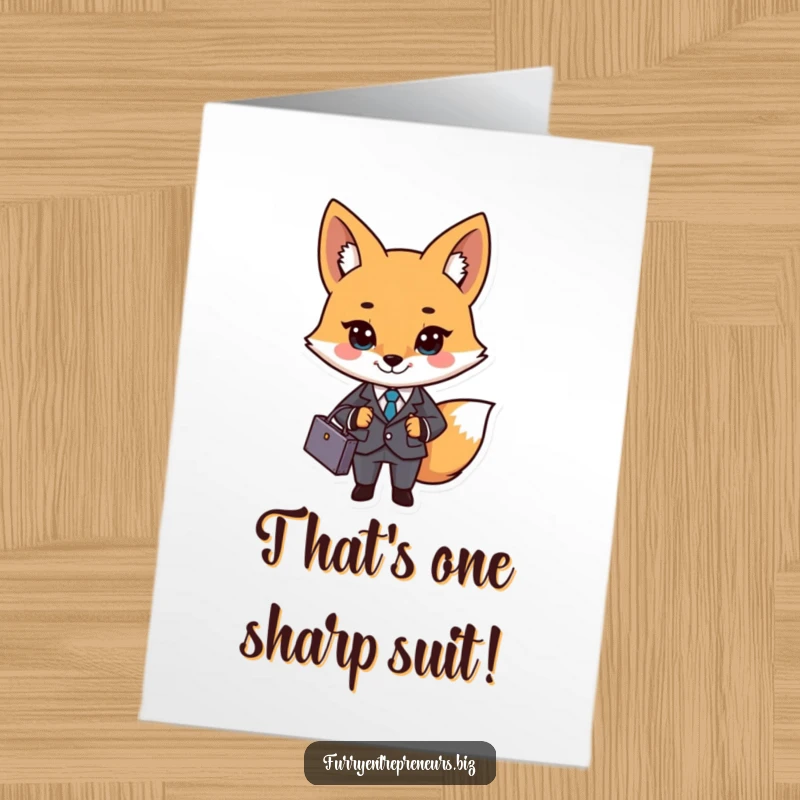 Funny Free Printable Congratulations Card: A smart fox in a business suit holding a briefcase, celebrating a successful deal.