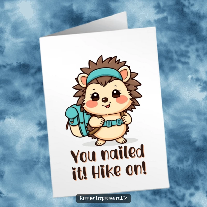 Funny free printable congratulations card: a happy hedgehog hiker with a backpack, celebrating a big win.