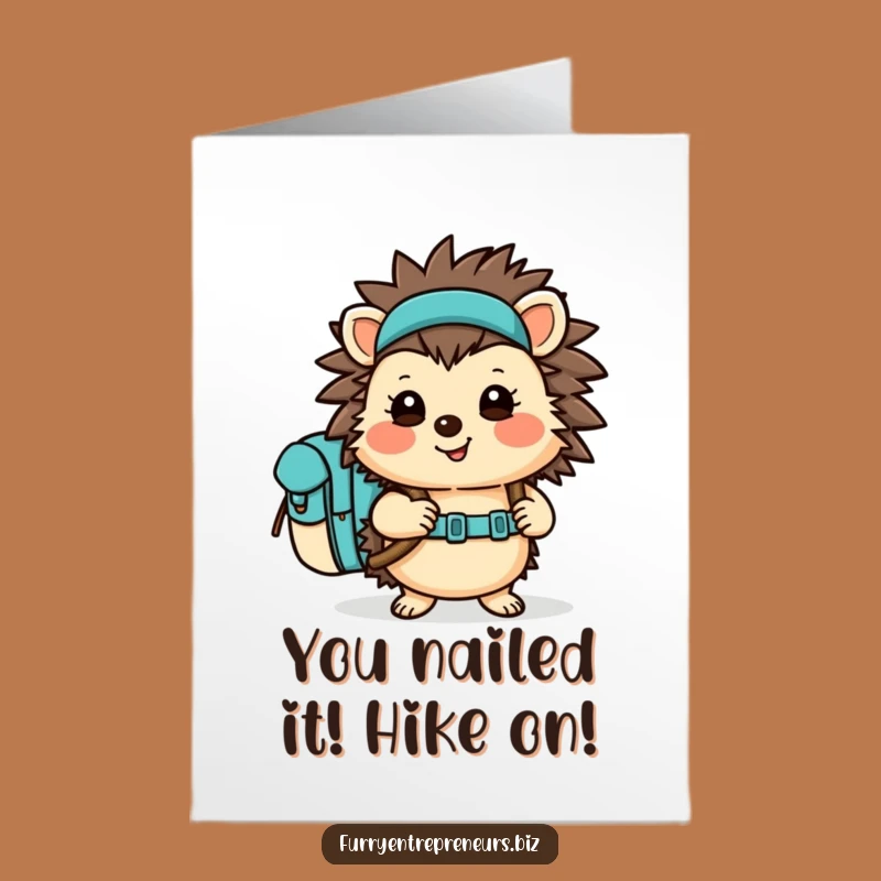 Free Printable Congrats Card: Cheerful Hedgehog Hiker Achieves Success