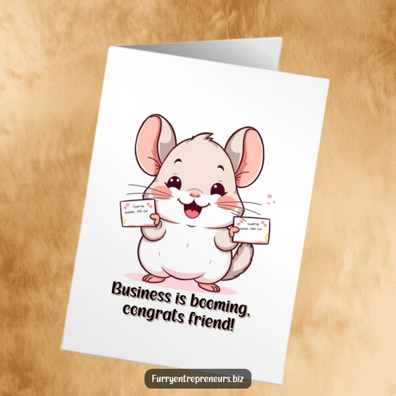 Funny Free Printable Congratulations Card: A chinchilla boss in a suit distributing business cards with flair.