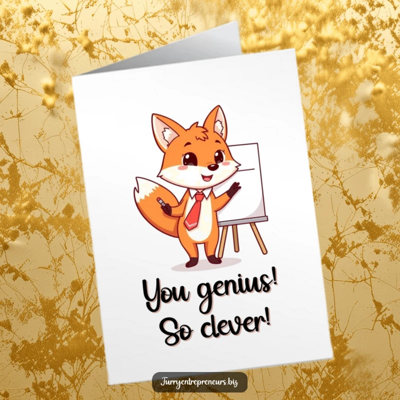 Funny Free Printable Congrats Card: Fox in a tie points excitedly at a whiteboard, celebrating your achievement.
