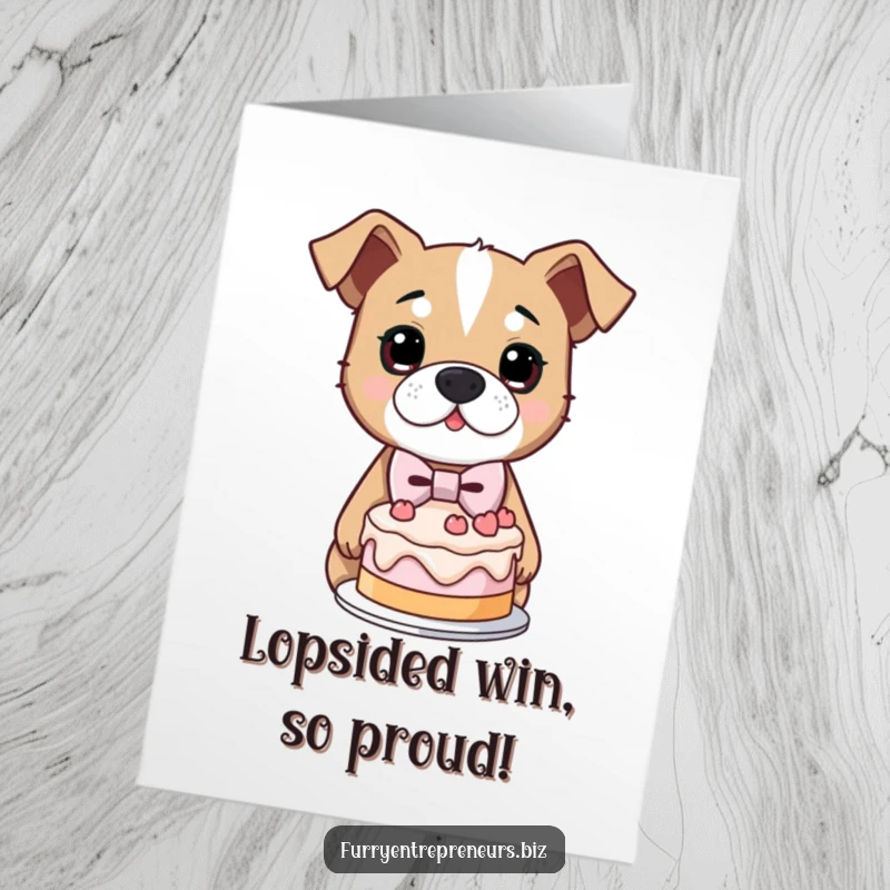 Funny Free Printable Congratulations Card showing a determined dog in a bowtie proudly presenting a slightly lopsided cake, celebrating success.