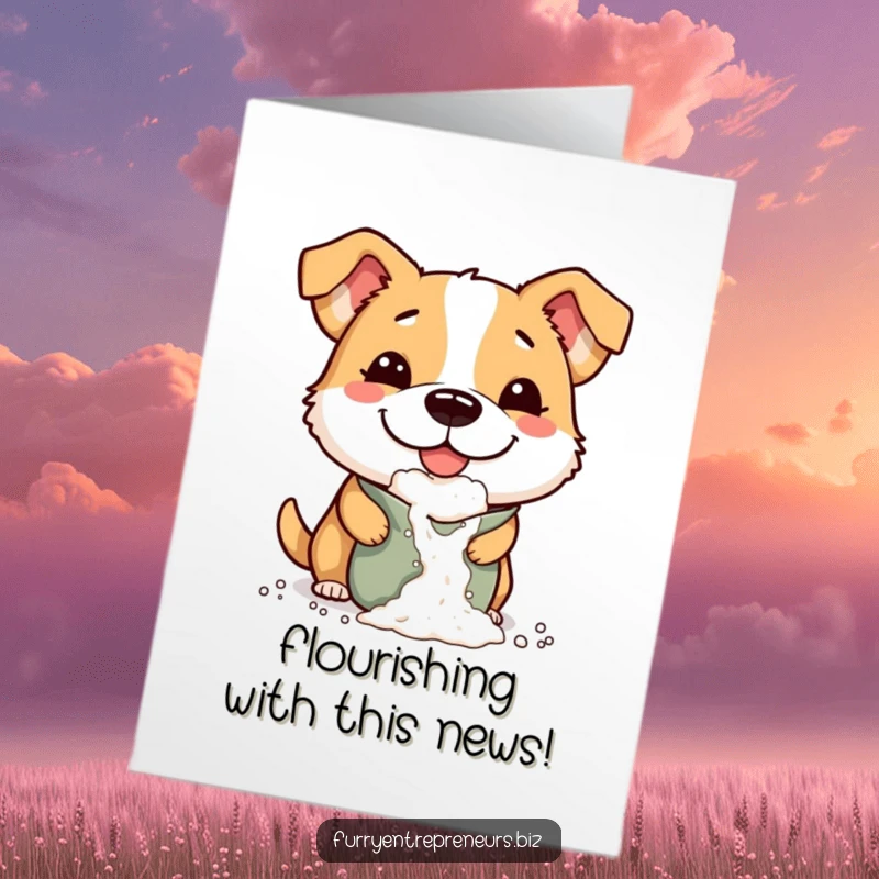Funny Free Printable Congratulations Card showing a mischievous dog with a comically large smile, dropping flour from a bag, celebrating with glee.