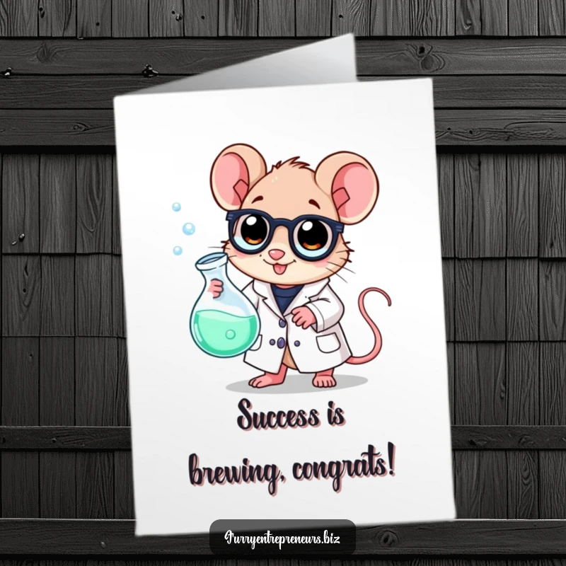 Funny Free Printable Congratulations Card: Mouse scientist holding a bubbling beaker, celebrating a successful experiment.