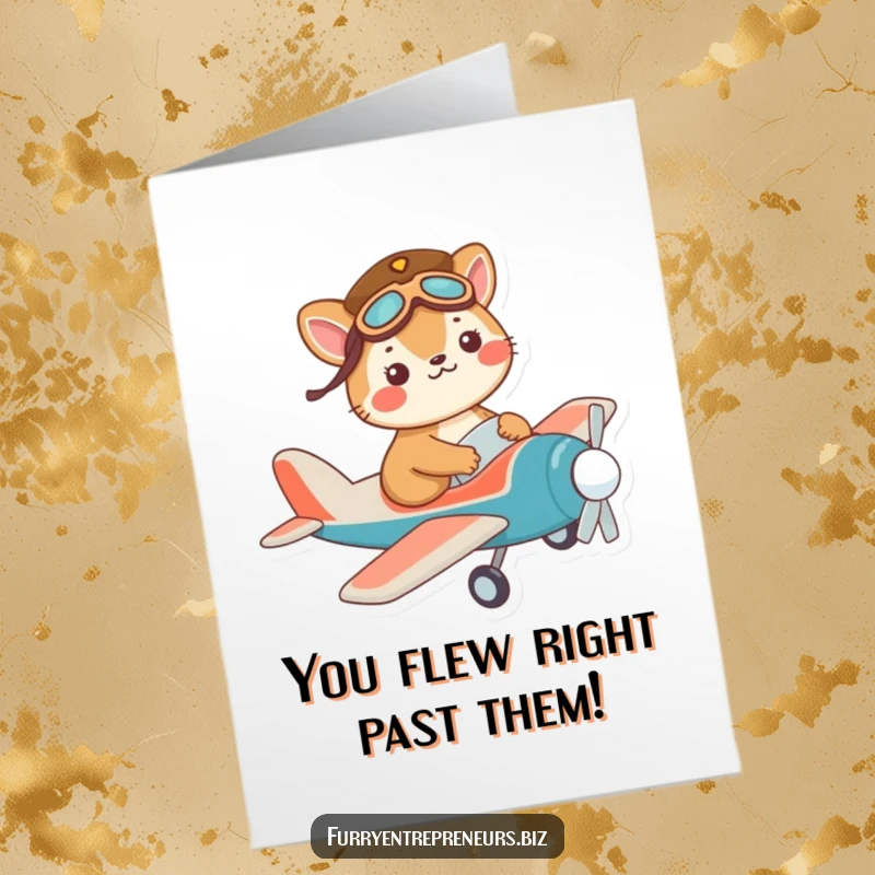 Funny Free Printable Congratulations Card: Mischievous animal in a pilot hat steering a toy plane, celebrating a victory.