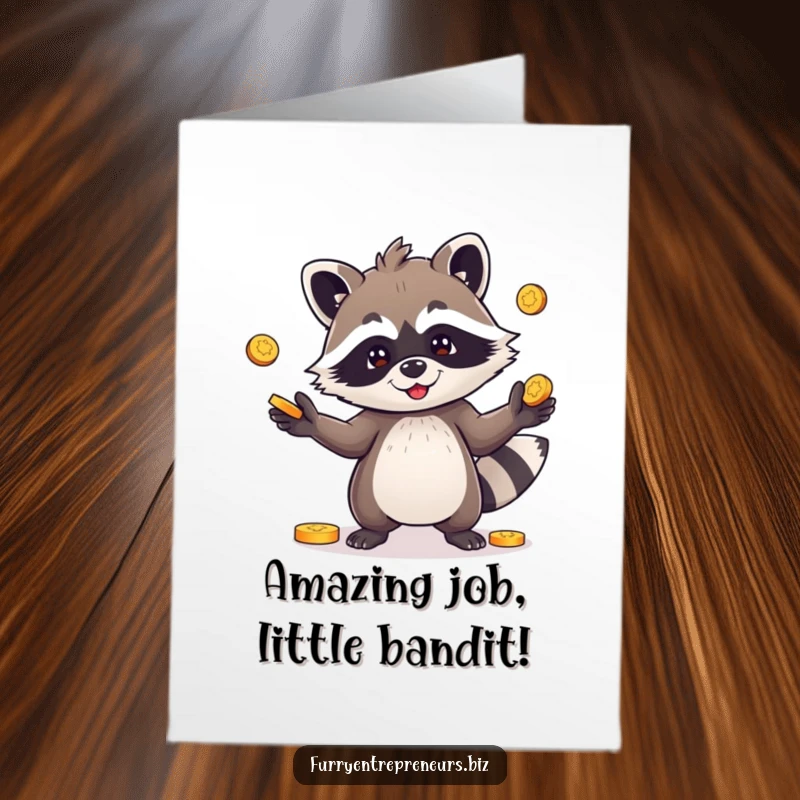 Funny Free Printable Congratulations Card: Raccoon character skillfully juggling multiple coins, symbolizing luck and success, downloadable.