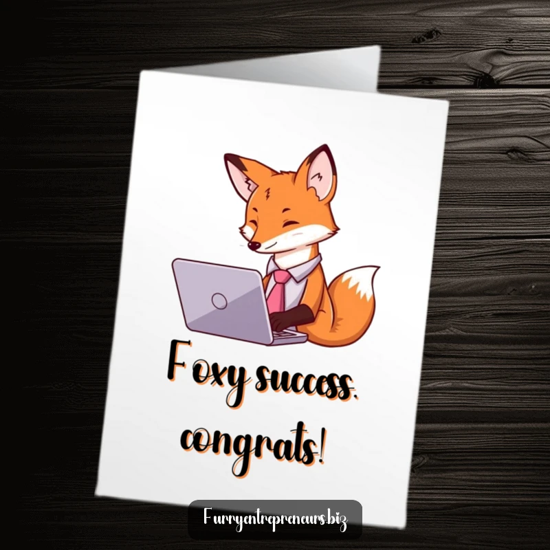 Funny free printable congratulations card: A fox dressed in a tie diligently works on a laptop, symbolizing business success.
