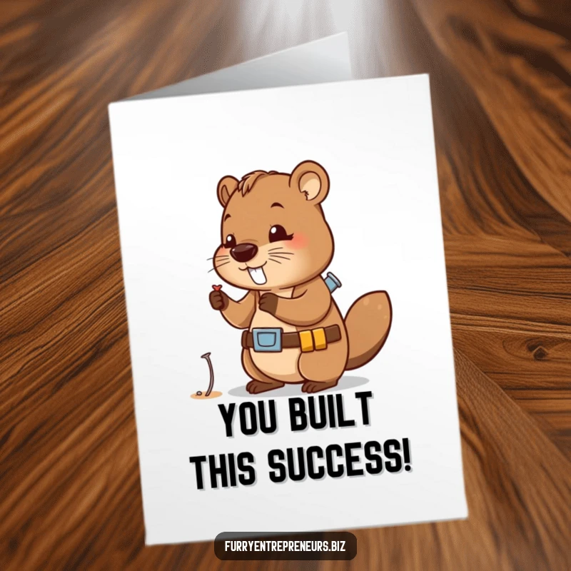 Funny free printable congratulations card showing a busy beaver character with a tool belt, inspecting a small nail for a job well done.