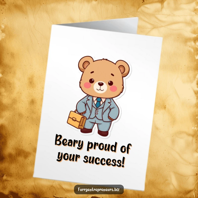 Funny free printable congratulations card of a cute bear in a suit, confidently holding a briefcase, symbolizing a successful deal.