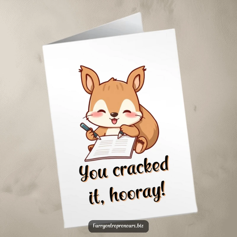 Funny free printable congratulations card showing a squirrel character signing an important document with a small pen, celebrating success.