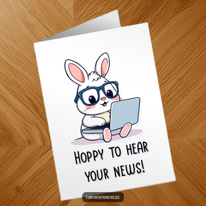 Funny free printable congratulations card of a rabbit in glasses typing rapidly on a laptop keyboard, symbolizing productivity.