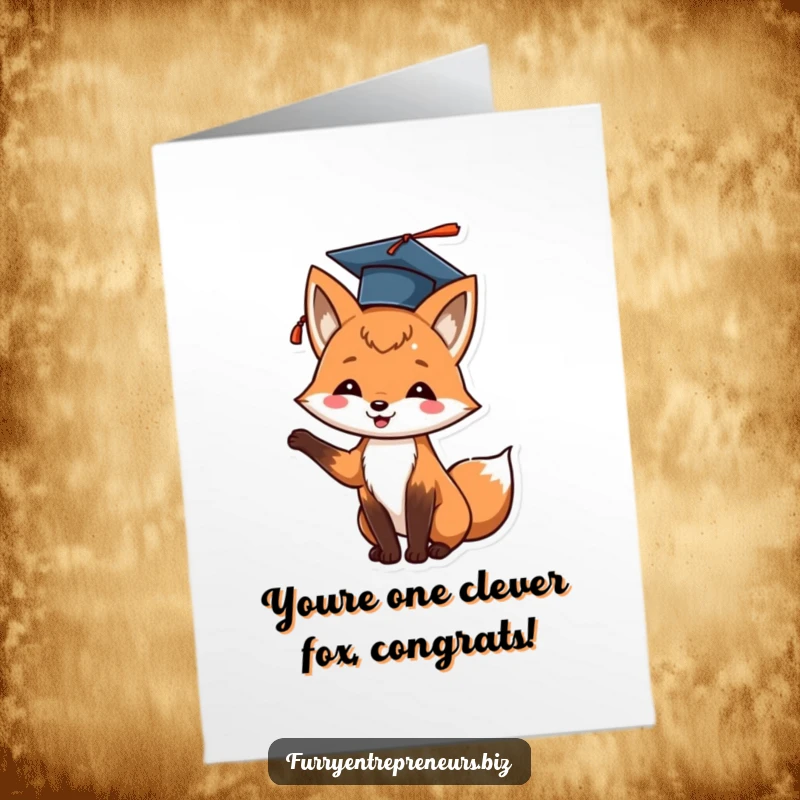 Funny Free Printable Congratulations Card of a cheerful fox wearing a graduation cap and tossing it triumphantly upwards.
