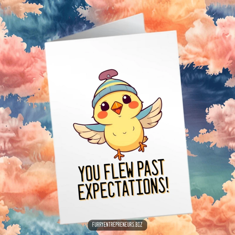 Funny Free Printable Congrats Card: An energetic bird wearing a propeller beanie flies triumphantly, celebrating success.