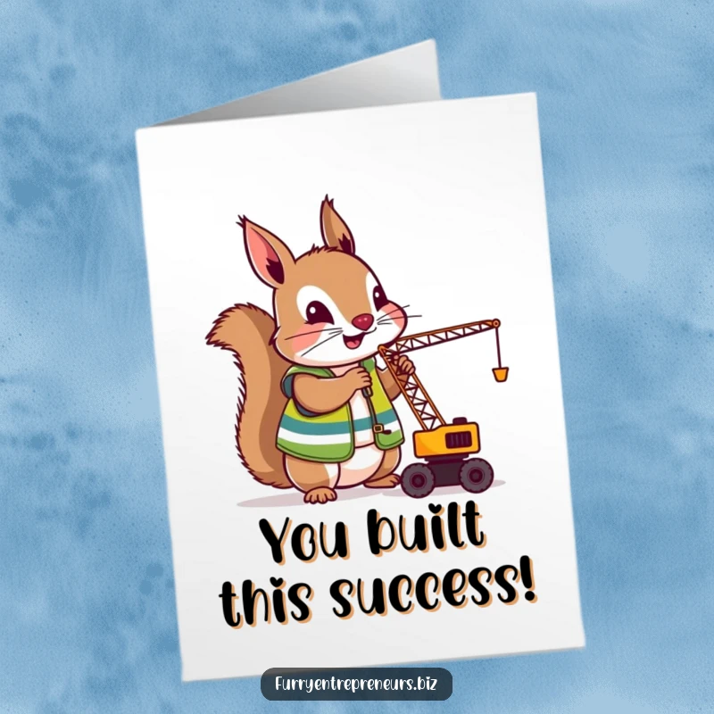 Funny Free Printable Squirrel Construction Worker Congratulations Card, a squirrel in a vest operating a tiny crane, celebrating success with enthusiasm.