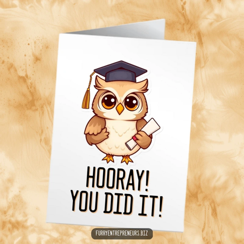 Funny Free Printable Congrats Card: An owl proudly wearing a graduation cap and holding a diploma, celebrating achievement.