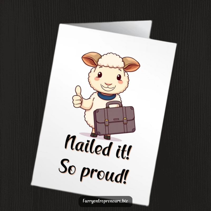 Funny Free Printable Congrats Card: Sheep with a briefcase calmly gives a thumbs up, celebrating your success.