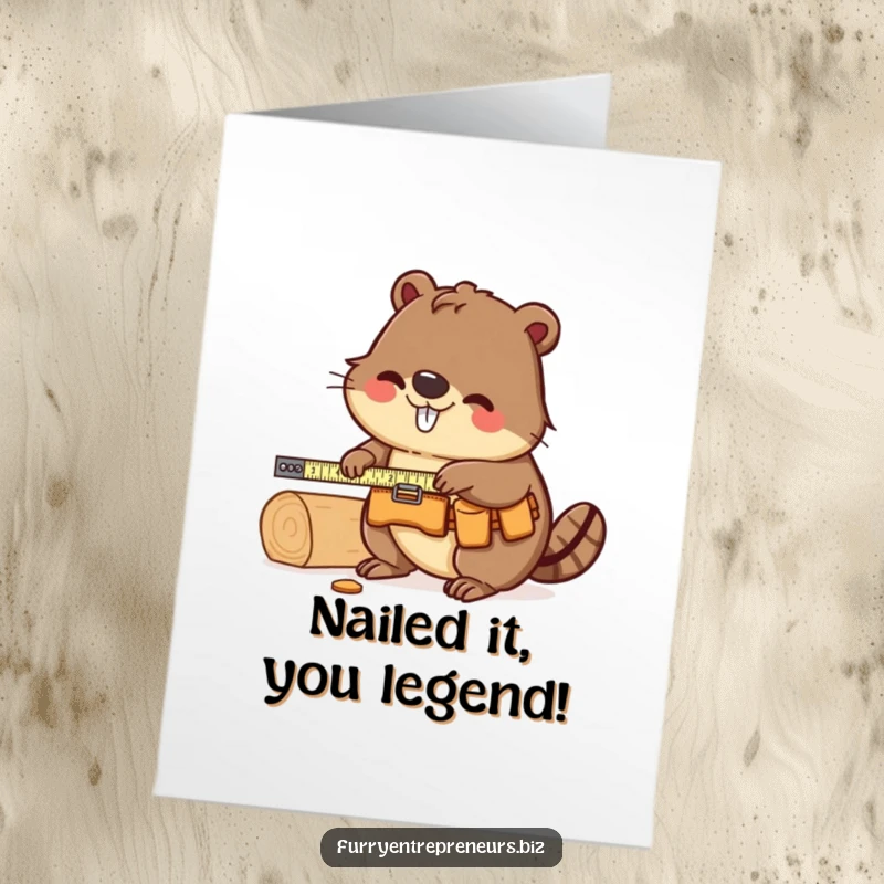 Funny Free Printable Beaver Carpenter Congratulations Card, a beaver in a tool belt measuring wood, celebrating a job well done with pride.