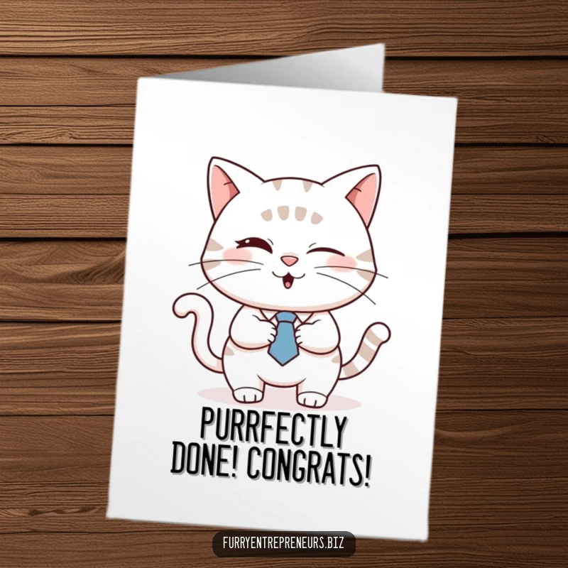 Funny Free Printable Congrats Card: A cat in a tie winks and shakes hands, sealing a successful deal.
