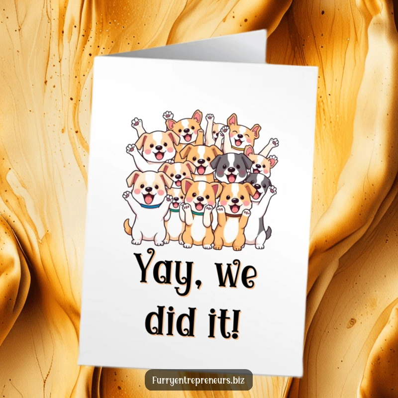 Funny Free Printable Congratulations Card featuring a group of adorable kawaii dogs cheering with paws raised high, celebrating achievements.