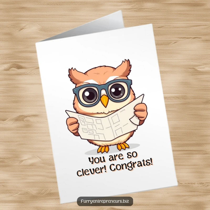 Funny free printable congratulations card: A creative owl wearing glasses sketches a blueprint for a successful future with a thoughtful expression.