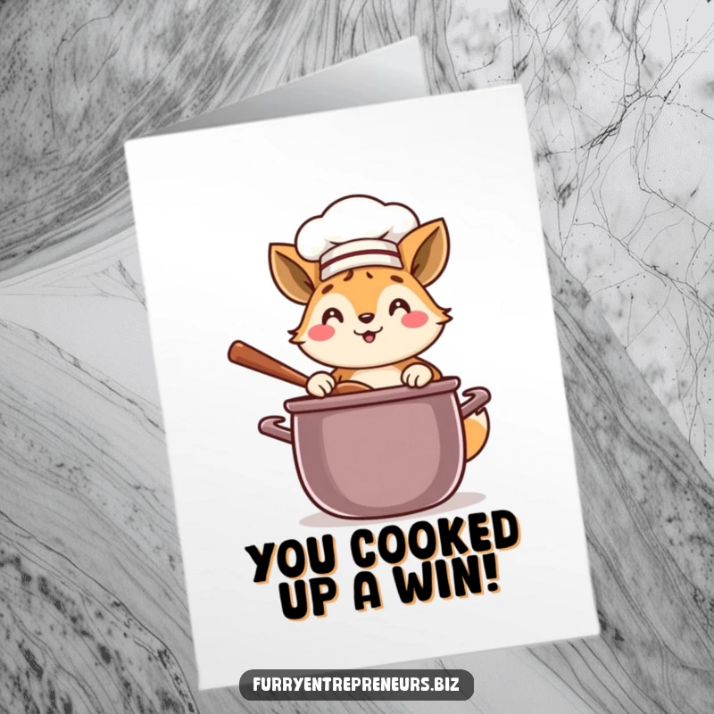 Funny Free Printable Congratulations Card: Smiling animal chef in a hat joyfully stirring a pot, celebrating an achievement.