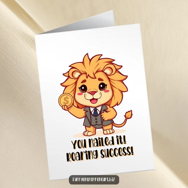 Funny Free Printable Congratulations Card: A brave lion in a tiny suit holding a coin, symbolizing financial success and celebration.