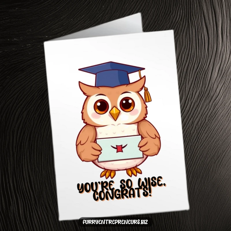 Funny free printable congratulations card of an owl in a graduation cap, holding a diploma, symbolizing academic accomplishment.