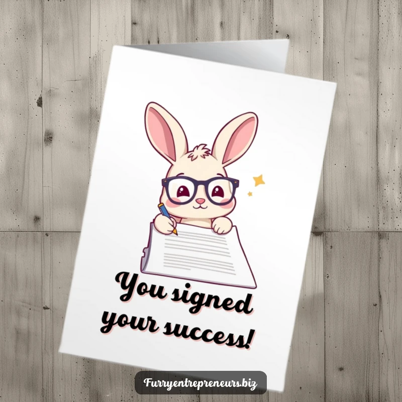 Funny Free Printable Congrats Card: Rabbit in glasses signs a large document, celebrating your success.