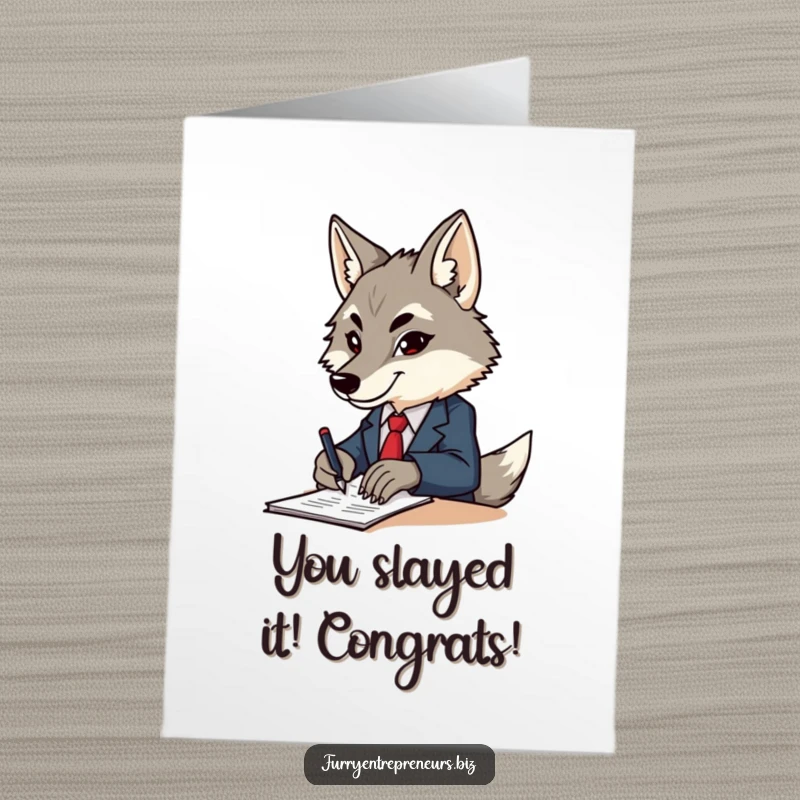 Funny free printable congratulations card: A determined wolf in a tiny business suit celebrates a successful deal with a confident smirk.